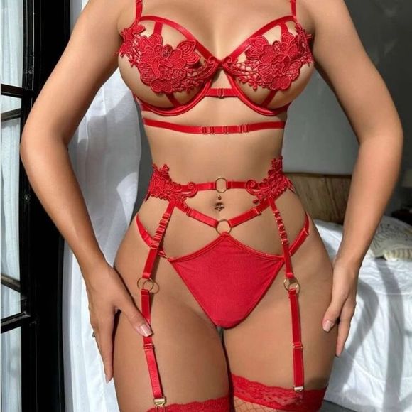 Lingerie ❤️ NEW Floral Lace Underwire Garter Lingerie Set With 1pair Stocking - Picture 4 of 7